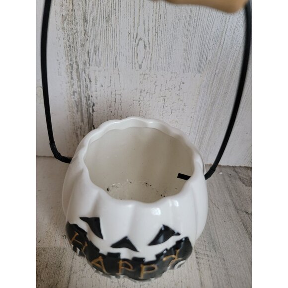 White pumpkin Happy Haunting Halloween ceramic bucket - Picture 3 of 6